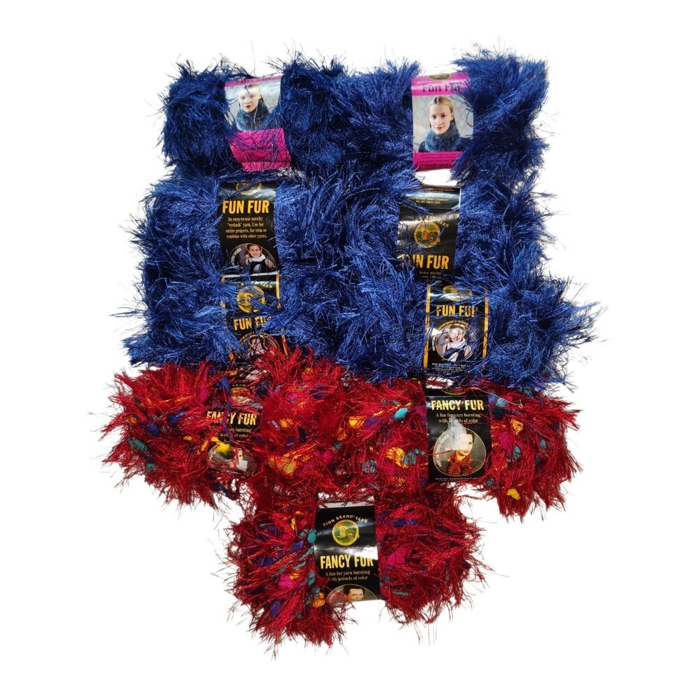 Lion Brand Fancy Fur Yarn Lot of 9 Sapphire Blue and Rainbow Red Fun Fur